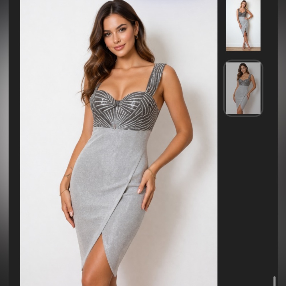 Elegant Formal Dress Womens Size L Large prom metallic Faux Wrap Wedding Padded